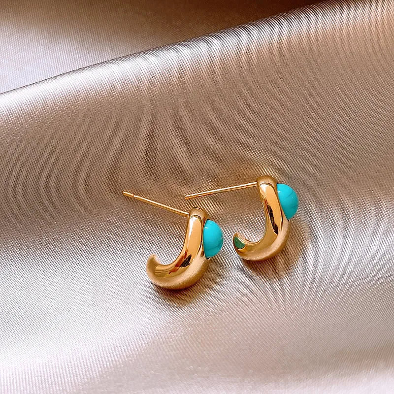 2025 New Design Natural Turquoise Metal Copper alloy Curved Earrings For Women's Casual and Elegant Jewelry Fashion Accessories