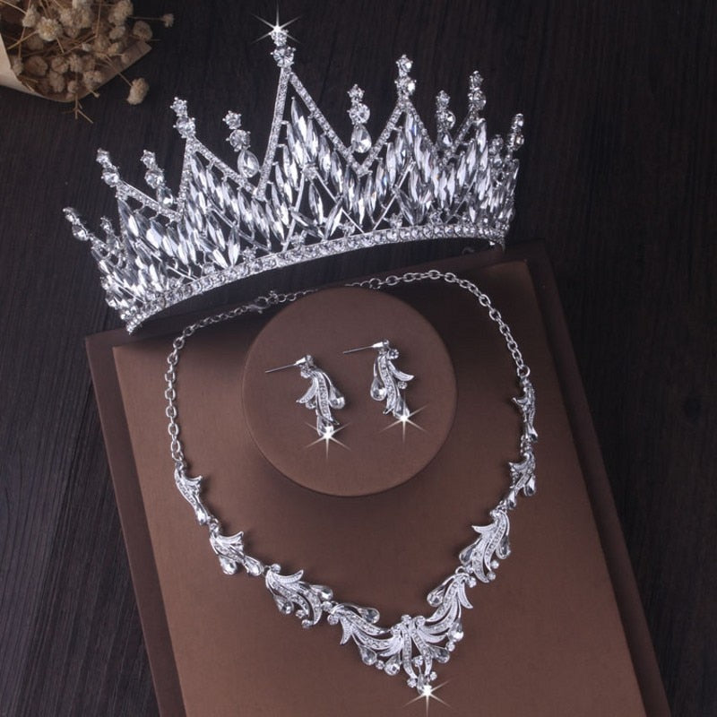 Gorgeous Silver Color Crystal Bridal Jewelry Sets Fashion Tiaras Crown Earrings Choker Necklace Women Wedding Dress Jewelry Set - Charlie Dolly