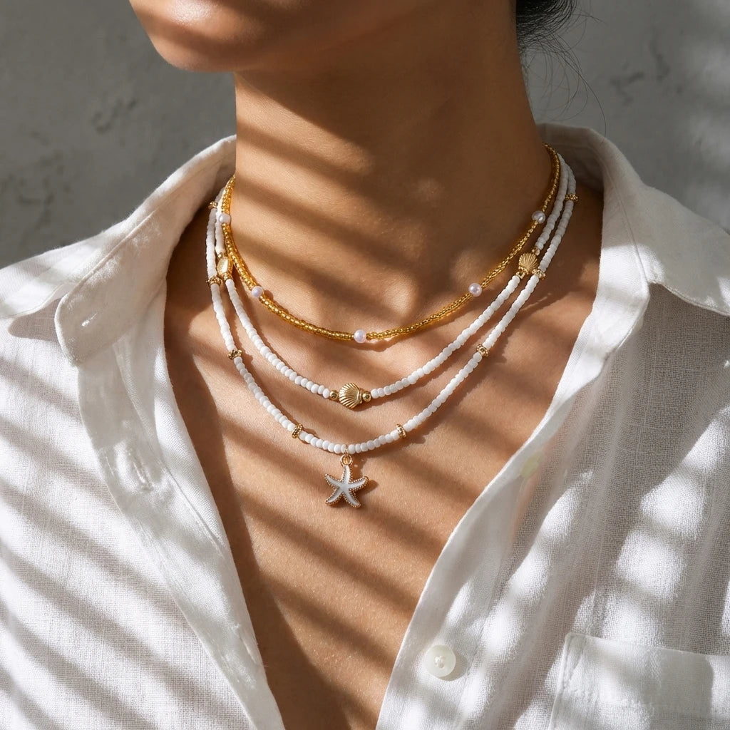 Ocean Inspired Layered Beaded Necklace Set for Women Starfish Shell Pearl Style Boho Beach Jewelry Summer Vacation Accessory
