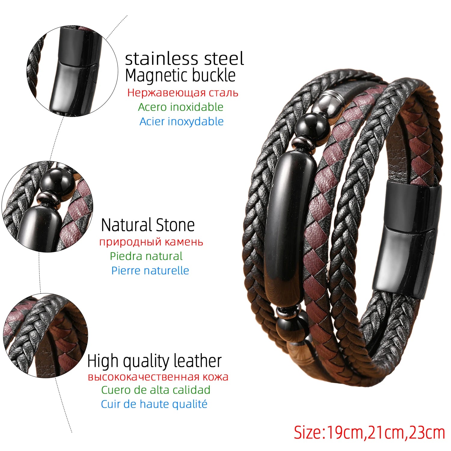 Natural Stone Beads Multi-Layer Braided Leather Bracelet Wrap Boho Hippie Handmade Gift for Man Women Jewelry Accessory