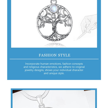 S925 Sterling Silver Tree of Life Moon Phase Necklace, Triple Moon Goddess Moonstone Amulet