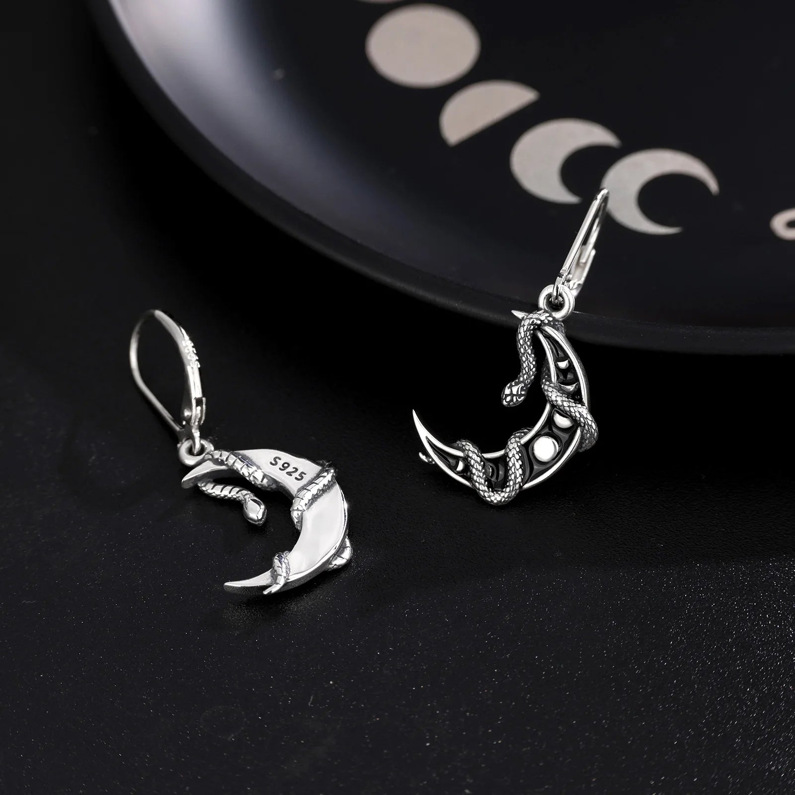 AEONSLOVE 925 Sterling Silver Moon Phase Snake Earrings Gothic Black Enamel Celestial Drop Earrings Witch Jewelry Gift for Women