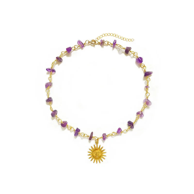 Natural Stone Boho Hippie Sun Necklace for Women Teen Girls, 18K Gold Palted Crystal Choker, Birthday Christmas Jewelry Gifts