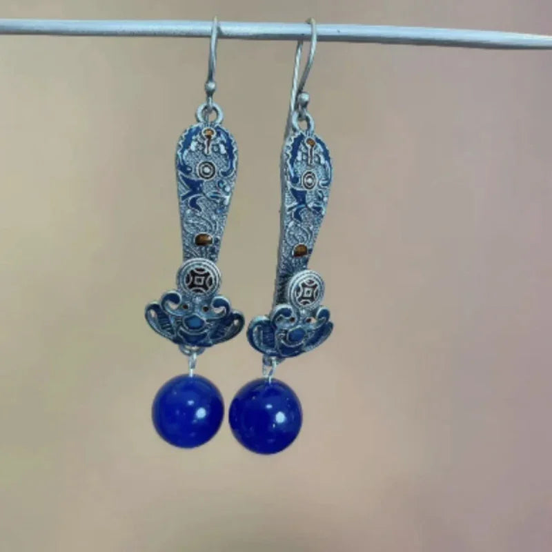 National Style Red Agate Earings 925 Silver Blue Retro Ruyi Lapis Lazuli Earrings for Women Exquisite Banquet Jewelry