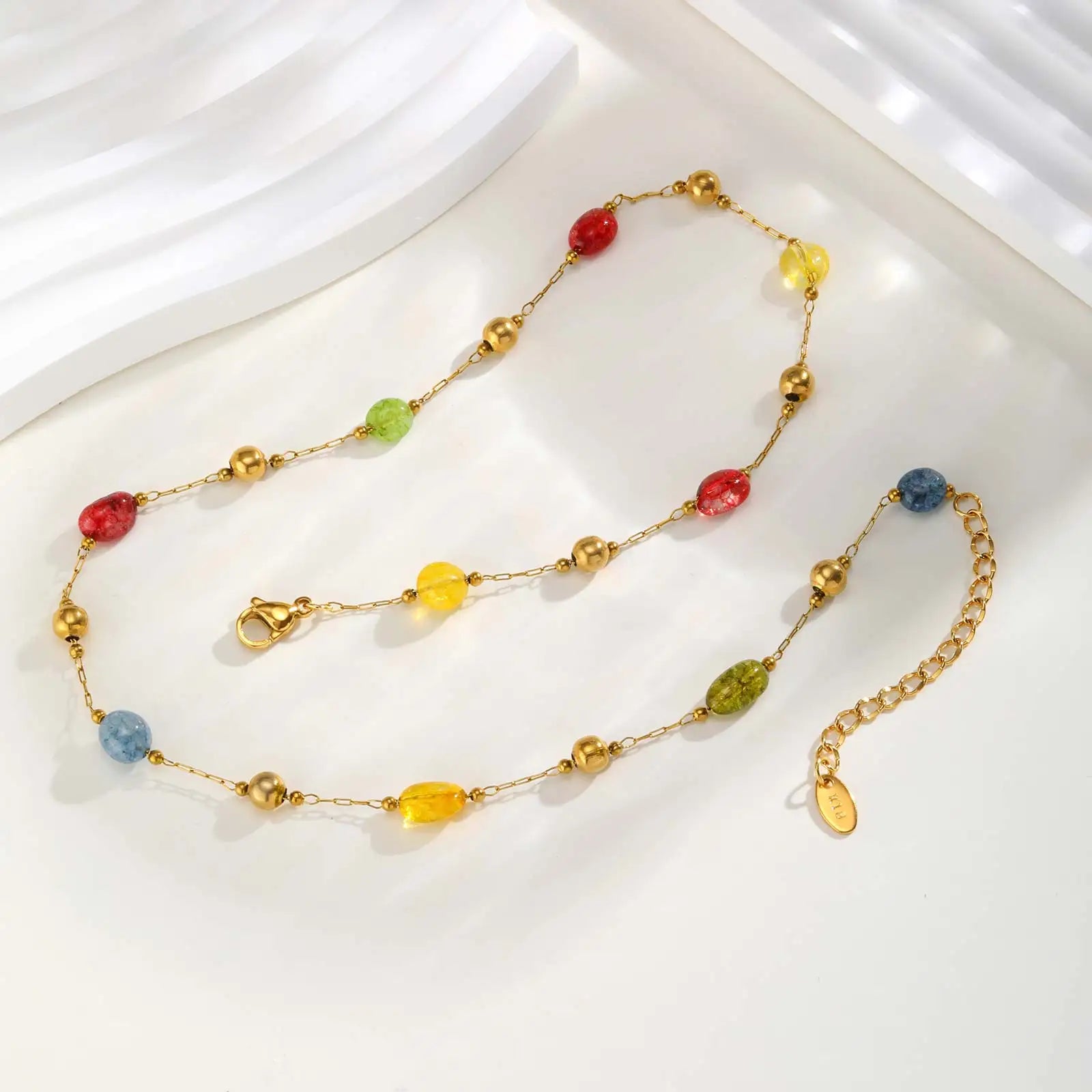 Colorful Rainbow Natural Stone Boho Necklace for Women, Stainless Steel Beaded Chain Y-Shaped Necklace, New Fashion Jewelry
