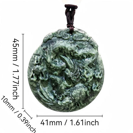 Dark Green Jade Dragon Fox & Owl Pendant Necklace, Carved Amulet Zodiac Talisman