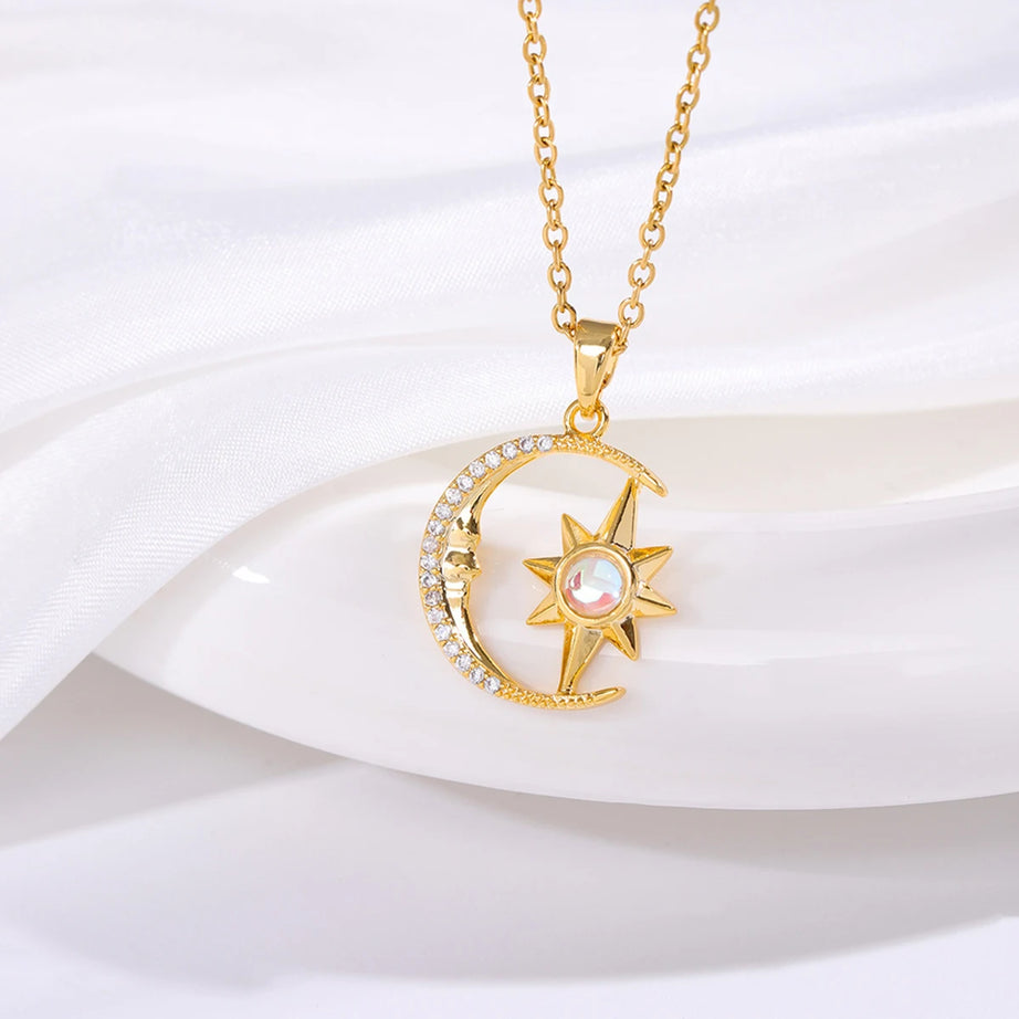 Stainless Steel Moon & Star Zircon Pendant Necklace, Delicate Celestial Chain