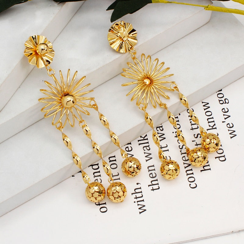 Long Hanging Earrings For Women Dubai African Beads Flower Drop Dangle Earring 24K Gold Plated Copper Fashion Jewelry Accessory - Charlie Dolly