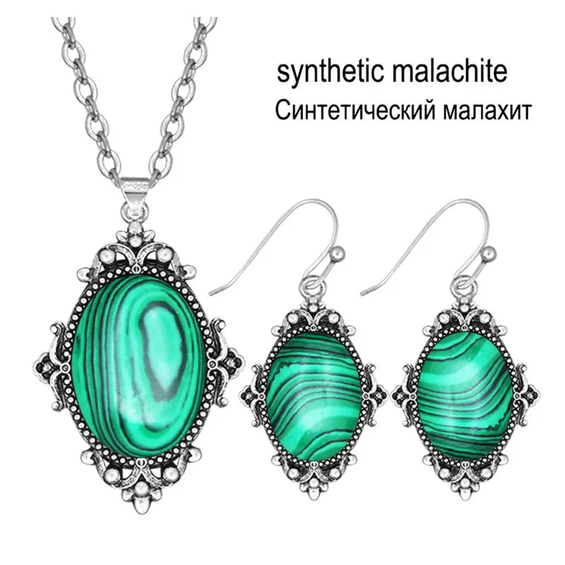 Vintage Look Natural Stone Lapis Lazuli Jewelry Sets Solid Silver Plated Necklace Earrings Flower Fashion Jewelry