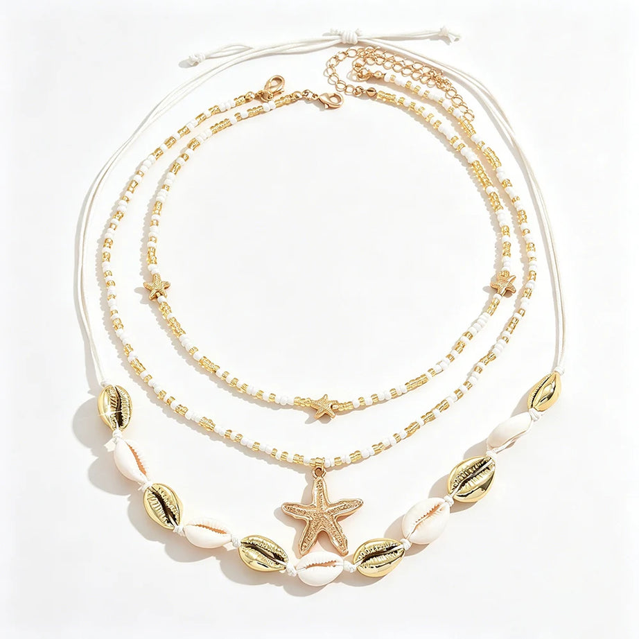 Three Layered Cowrie Shell and Starfish Boho Necklace