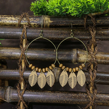 Wooden Bead Flower Leaf Long Tassel Earrings Jewelry