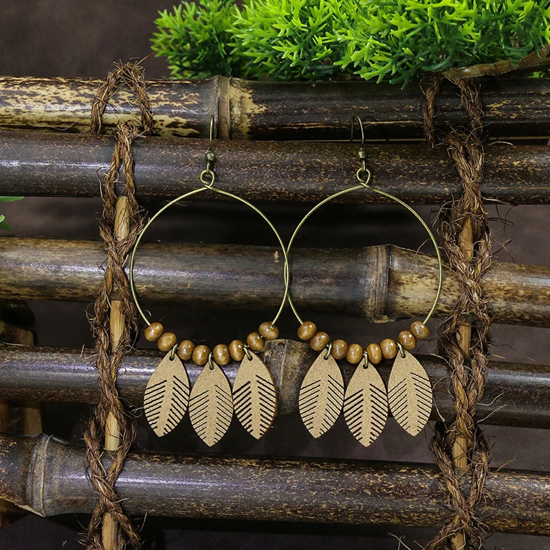 Ethnic Vintage Bohemian Drop Danlge Women's Earrings Bead Wooden Tassel Round Geometric Flower Leaf Long Boho Earrings Jewelry