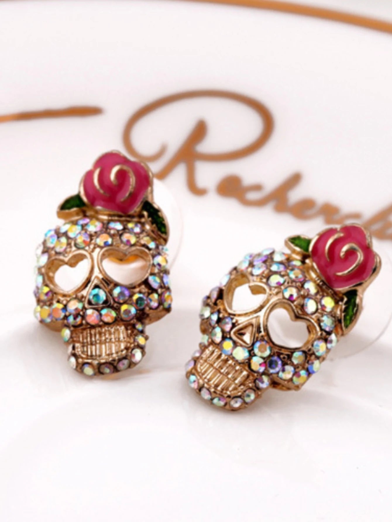 2pcs Gothic style accessories exaggerate personality Halloween roses skull head women's earrings