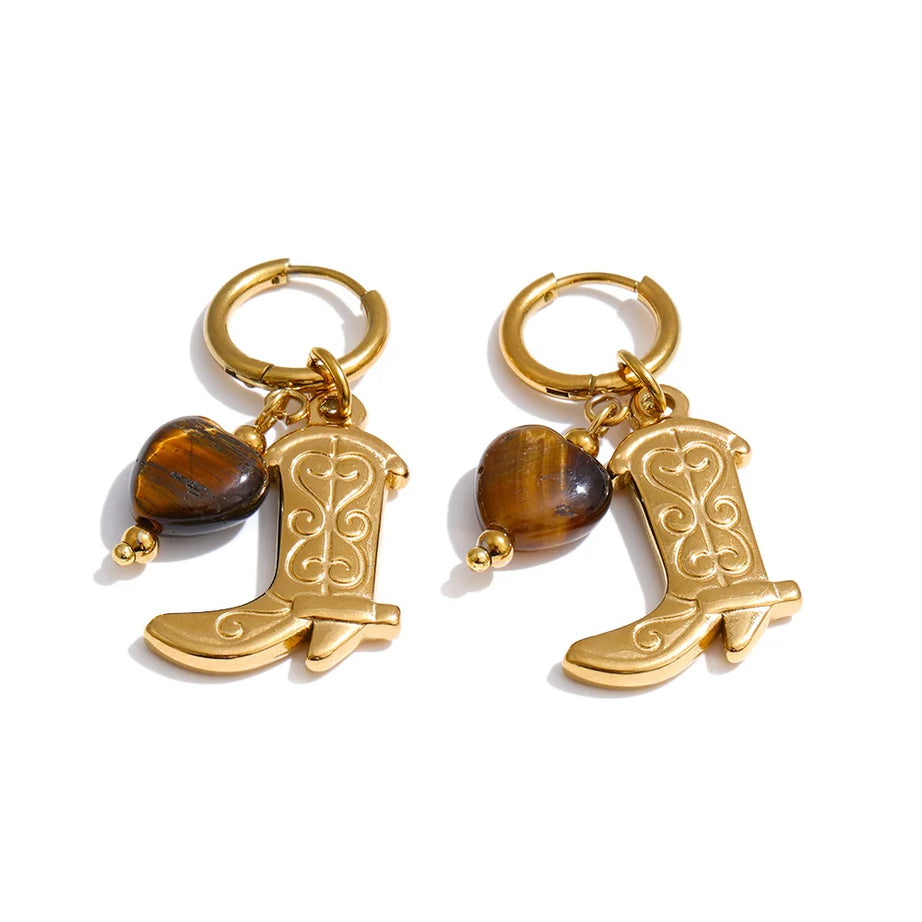 Natural Tiger Stone Boot Charm Drop Hoop Earrings, Stainless Steel Vintage Jewelry