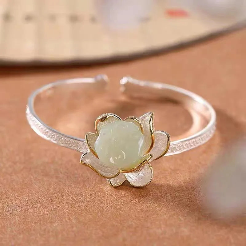 Classic Lotus Flower Jewelry Sets Natural Hotan Jade Various Exquisite Ring Earrings for Women Pendant Hairpin Brooch Bracelets