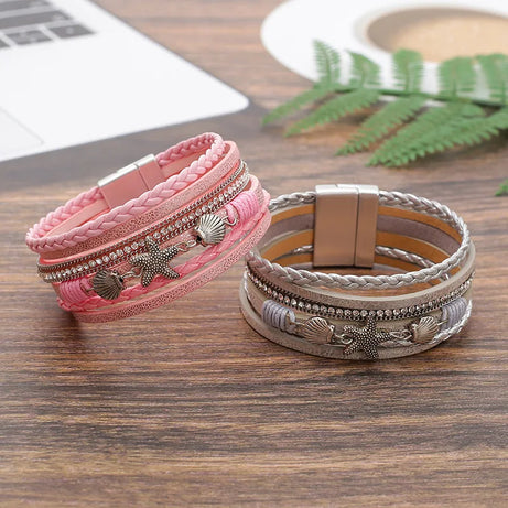 Starfish Shell Braided Leather Cuff Bracelet