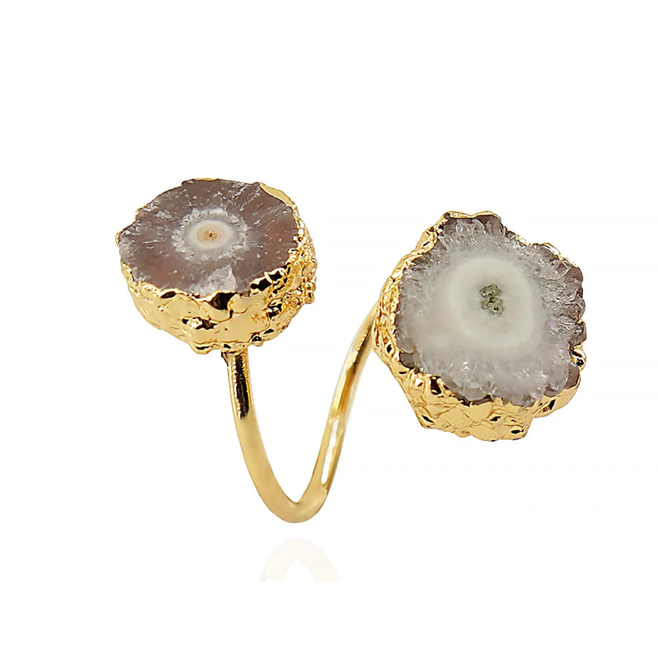 Irregular Agate Slices Open Cross Ring for Women Girls Boho Rough Natural Stone Sunflower Finger Jewelry Wedding Party Gift - Charlie Dolly