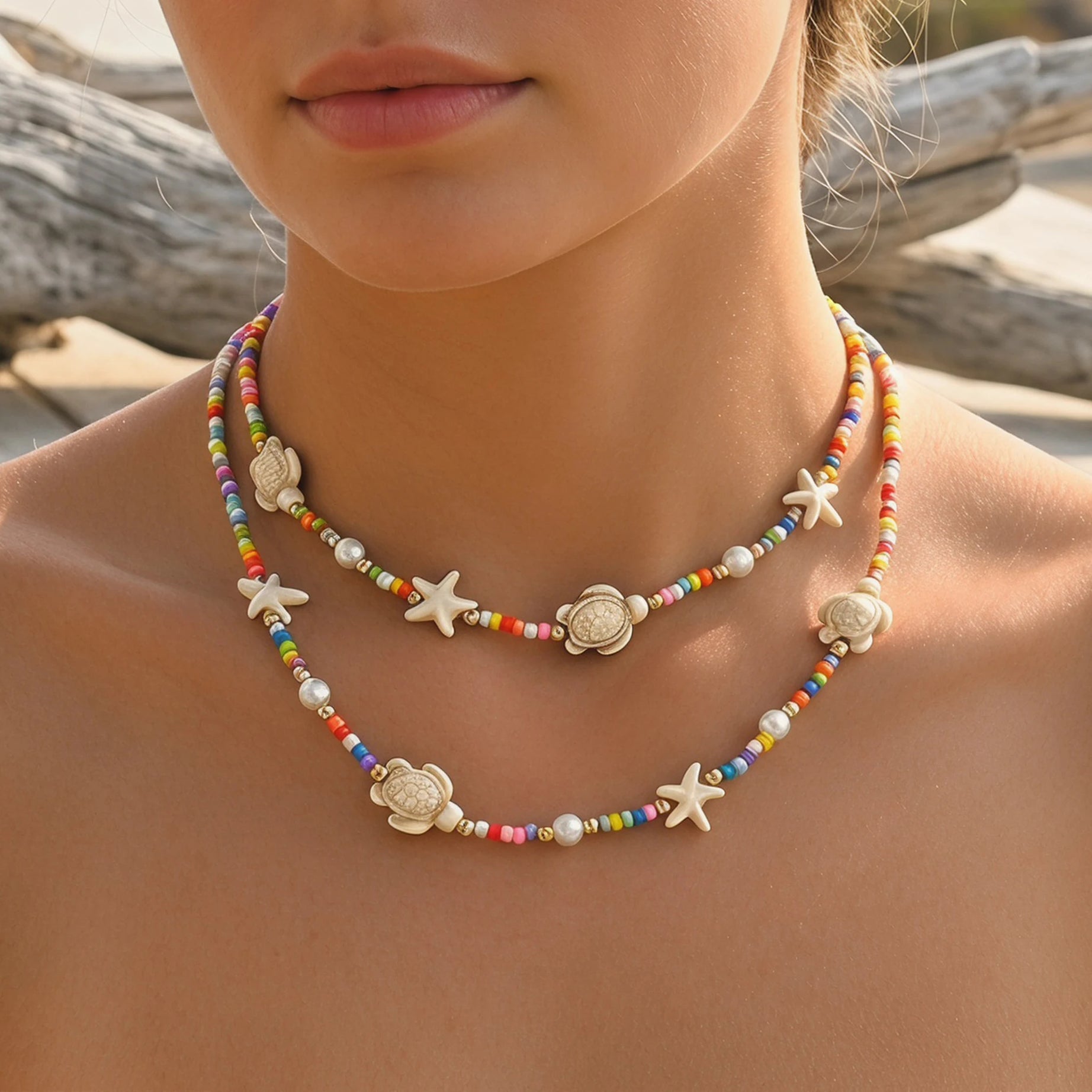 Turtle Starfish Beaded Layered Choker Necklace Jewelry
