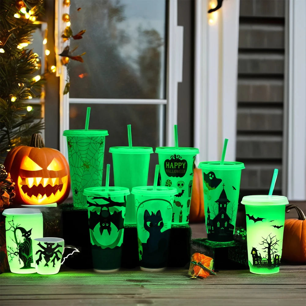 1PC 720ml Halloween Print Plastic Luminous Straw Cup Juice Milk Tea Coffee Cups for Party Supplies Funny Straw Cup Kitchen Drink