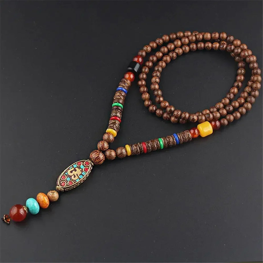 Nepal Wood Bead Mala Pendant Necklace Jewelry