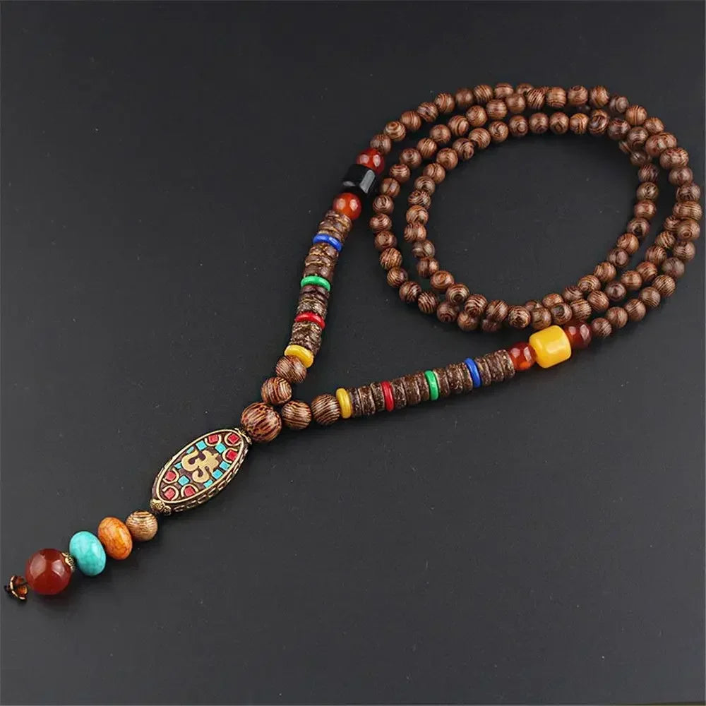 Nepal Wood Bead Mala Pendant Necklace Jewelry