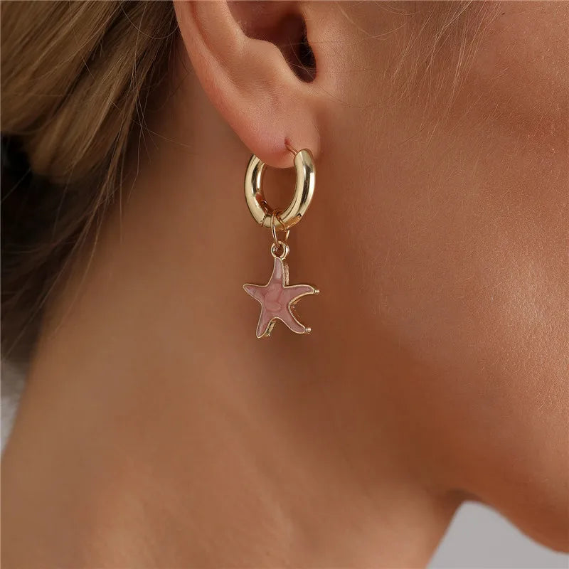 Bohemian Stainless Steel Starfish Charm Hoop Earrings Women Delicate Mermaid Tail Jewelry Girls Long Tassel Earring Accessories