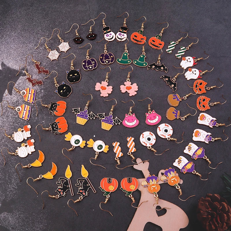 Aihua Fashion Halloween Earrings Enamel Ghost Pumpkin Skeleton Mummy Bat Drop Earrings For Women Halloween Night Party Jewelry