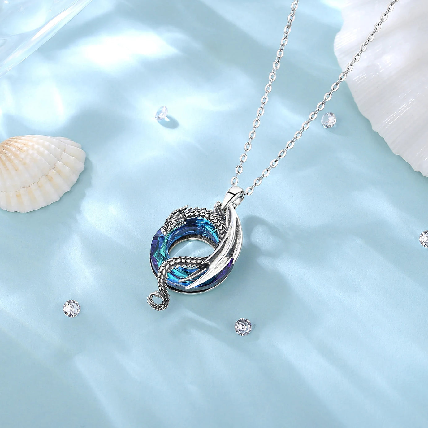 Dragon Amulet Necklace with Austrian Crystal, S925 Sterling Silver