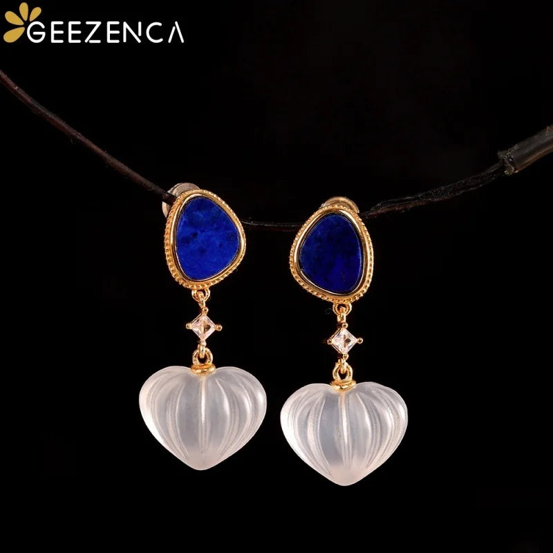 GEEZENCA 925 Silver Lapis Lazuli White Crystal Women's Drop Earrings 18K Gold Heart Waterdrop Dangle Earring Love Gift For Her