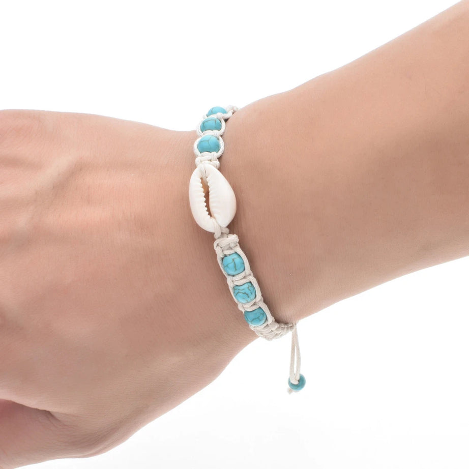 Starfish Shell and Turquoise Woven Wax Rope Bracelet
