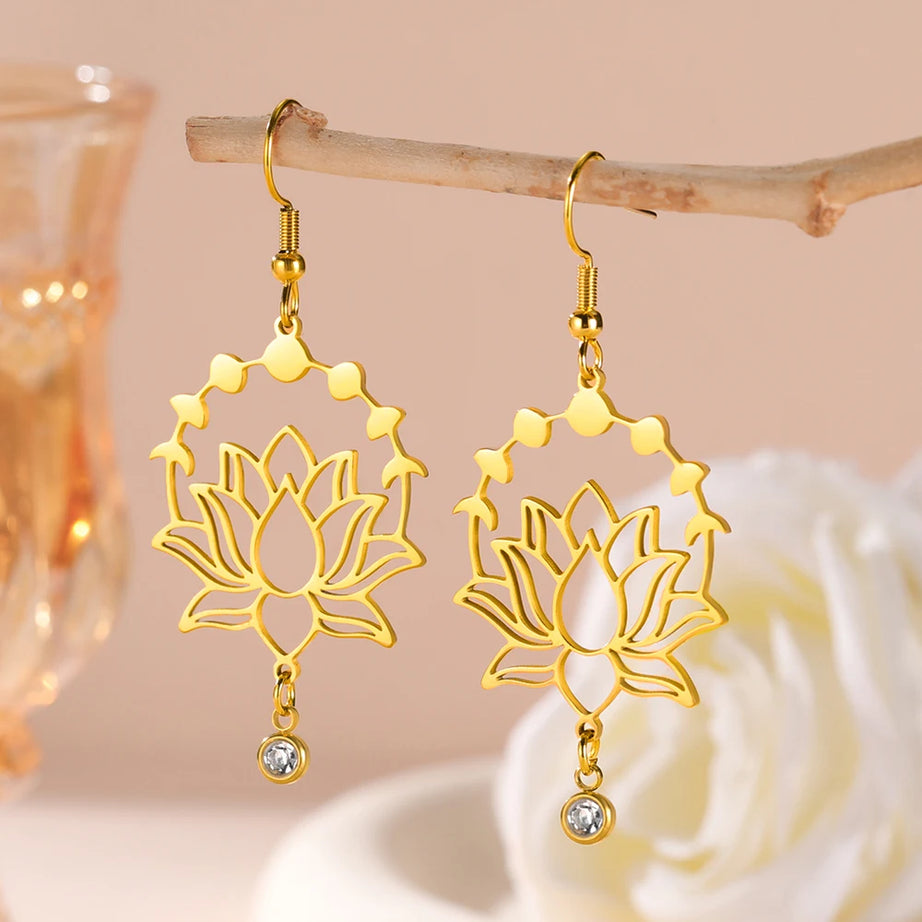 Moon Phase Lotus Dangle Earrings
