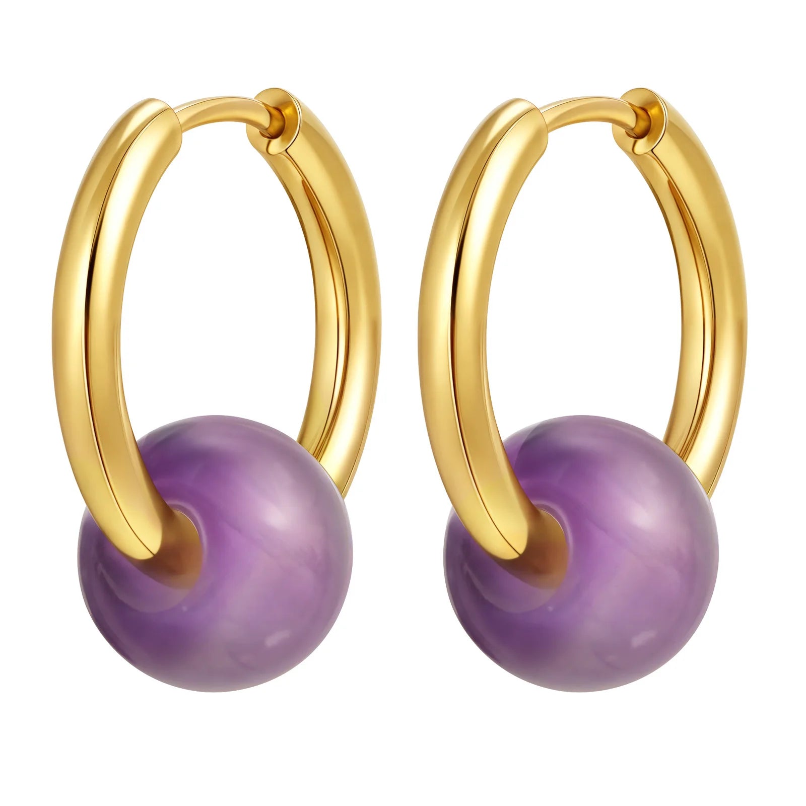 Natural Stone Amethyst Round Beaded Hoop Earrings for Women, Stainless Steel Gold Plated Waterproof Jewelry