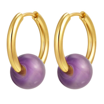 Natural Stone Amethyst Round Beaded Hoop Earrings for Women, Stainless Steel Gold Plated Waterproof Jewelry