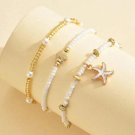 Starfish, Shell and Millet Bead Triple Layer Anklet Set