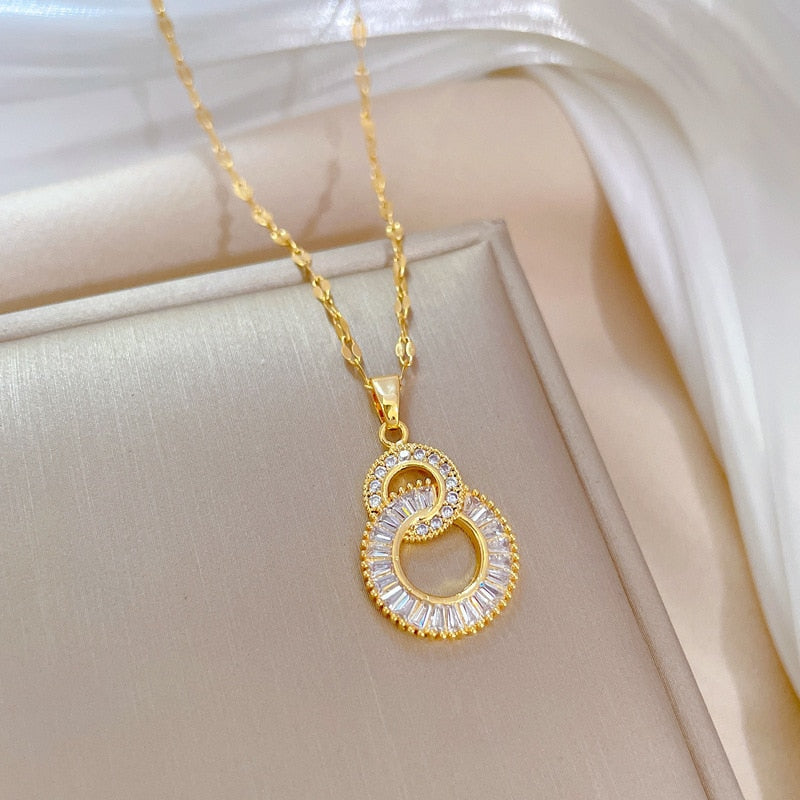 DIEYURO 316L Stainless Steel Crossover Circles Pendant Necklace For Women Girl Luxury Choker Charm Chain Jewelry Gift Party - Charlie Dolly