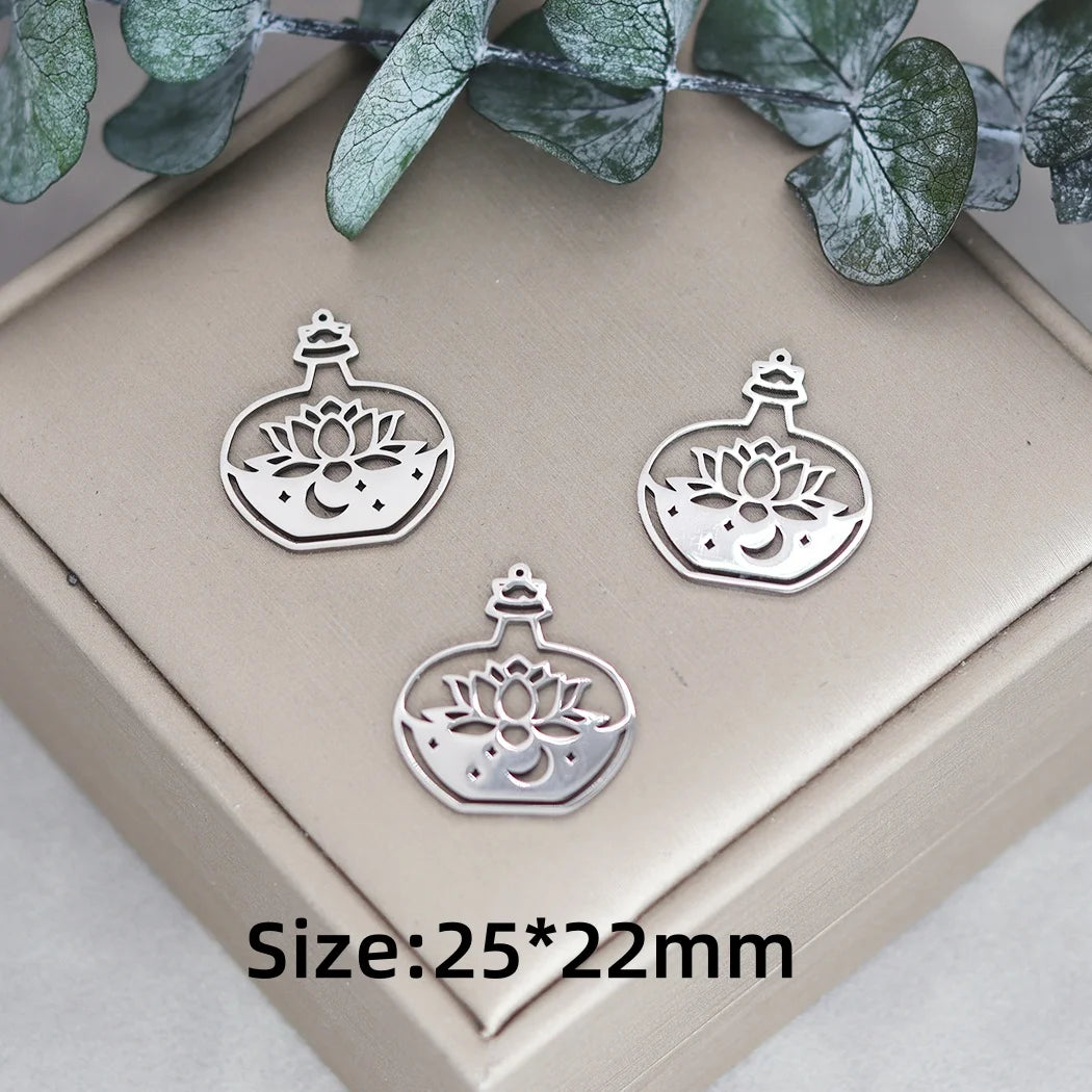 3pcs Exquiaite Amulet Moon Lotus Flower Charms DIY Craft Earrings Necklace Jewelry Making Yogo Buddhism Stainless Steel Pendant
