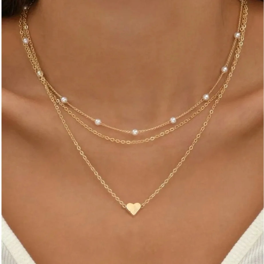 Pearl and Heart Pendant 14K Gold Waterproof Necklace Set (3 Pieces)