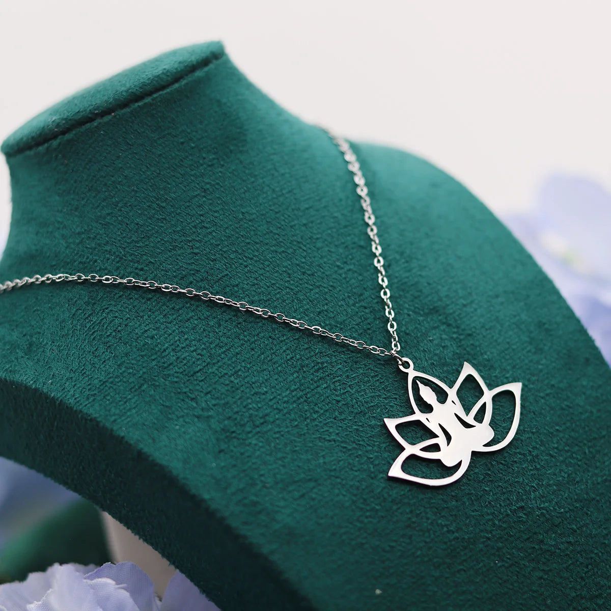 Kinitial Hindu Buddhism Meditation Necklace Stainless Steel Yoga Lotus Flower Necklaces Amulet Jewelry Gift