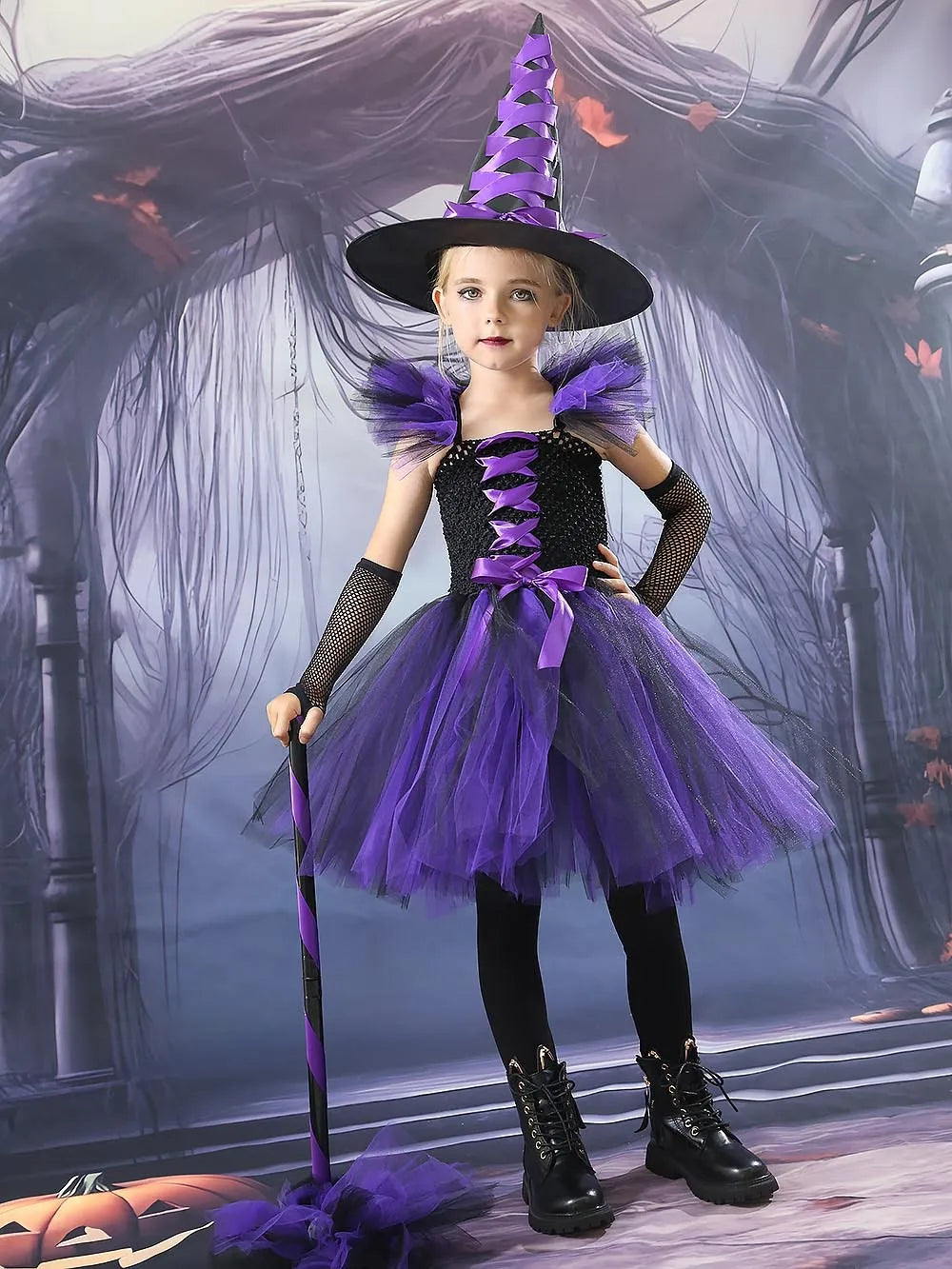 Halloween New Witch Dress Cosplay Costume Dress for Girl Carnival Party Dress Hat Broom Fancy Clothes Suit - Charlie Dolly