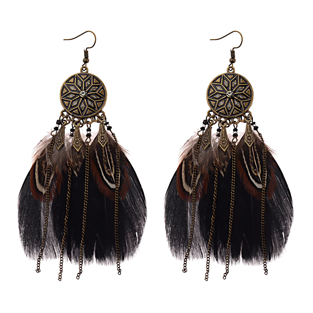 Round Retro Women's Dream Catcher Handmade Long Tassel Feather Earrings Female Leaves Pendant Earring Kolczyki Boho Jewelry