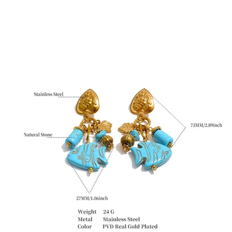 Blue Stone Fish Drop Earrings, 18K Gold Ocean Summer Stainless Steel Jewelry