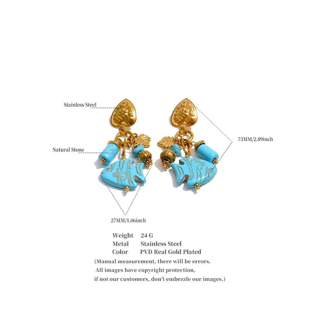 Yhpup Ocean Series Stainless Steel Blue Natural Stone Fish Drop Charm Earrings 18K Gold Color PVD Plated Summer Women Jewelry