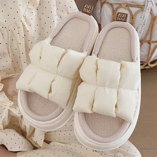 2023 New Women Slippers Summer Four Seasons Checked 4cm Thick Soft Sole Linen Slippers Indoor Home Bedroom Couple Floor Slippers - Charlie Dolly