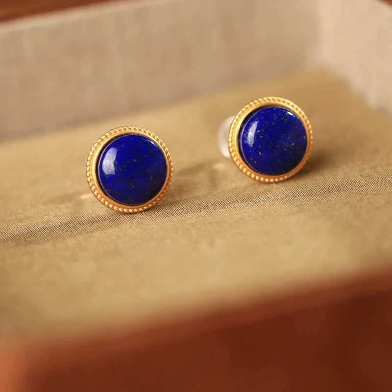 Lapis lazuli classic round bead earrings woman exquisite retro court style deep blue earings stud banquet fine jewelry gifts