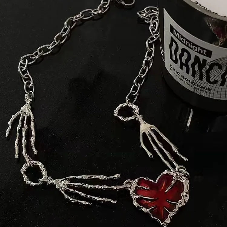 Gothic Vintage Red Heart Ghost Claw Pendant Chain Necklace for Women Men Halloween Punk Y2K Grunge Hip Hop Jewelry Accessories - Charlie Dolly