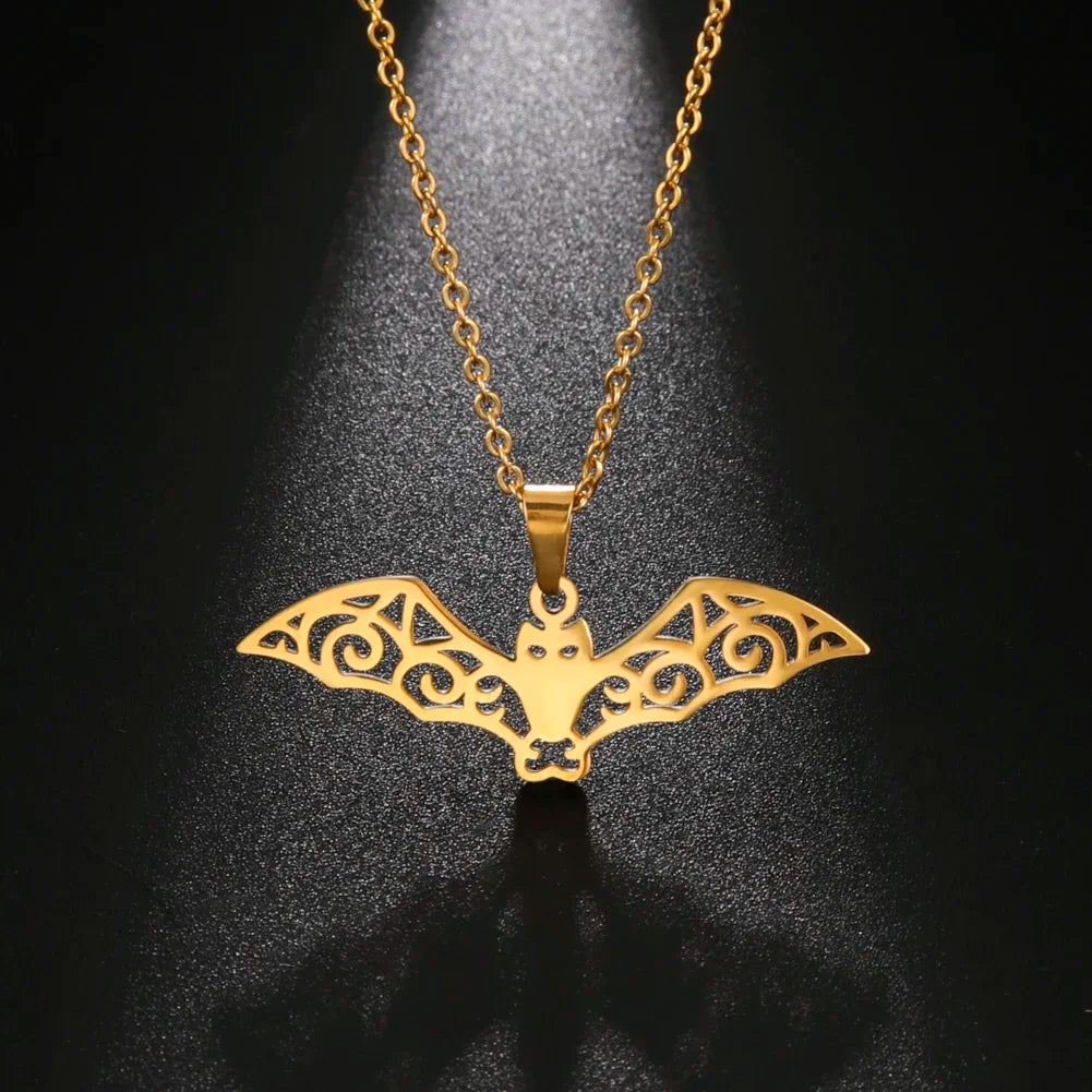 Skyrim Hollow Pattern Bat Stainless Steel Necklace for Women's Fashion Retro Punk Gothic Halloween Animal Hip Hop Jewelry Gift - Charlie Dolly
