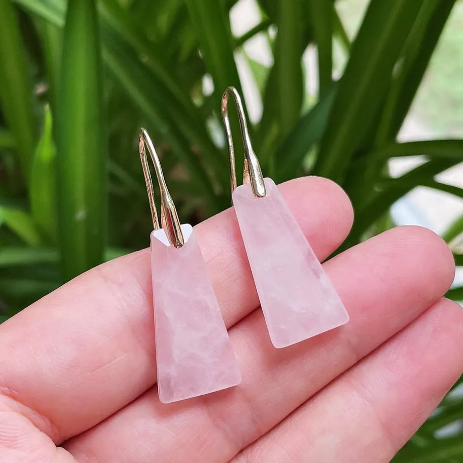 Natural Crystal Geometric Drop Earrings, Amethyst Rose Quartz Healing Tassel Jewelry