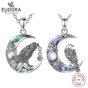 Eudora 925 Sterling Silver Viking Raven Moon Necklace for Women Man Pentagram Crow Amulet Pendant Natural Abalone Shell Jewelry