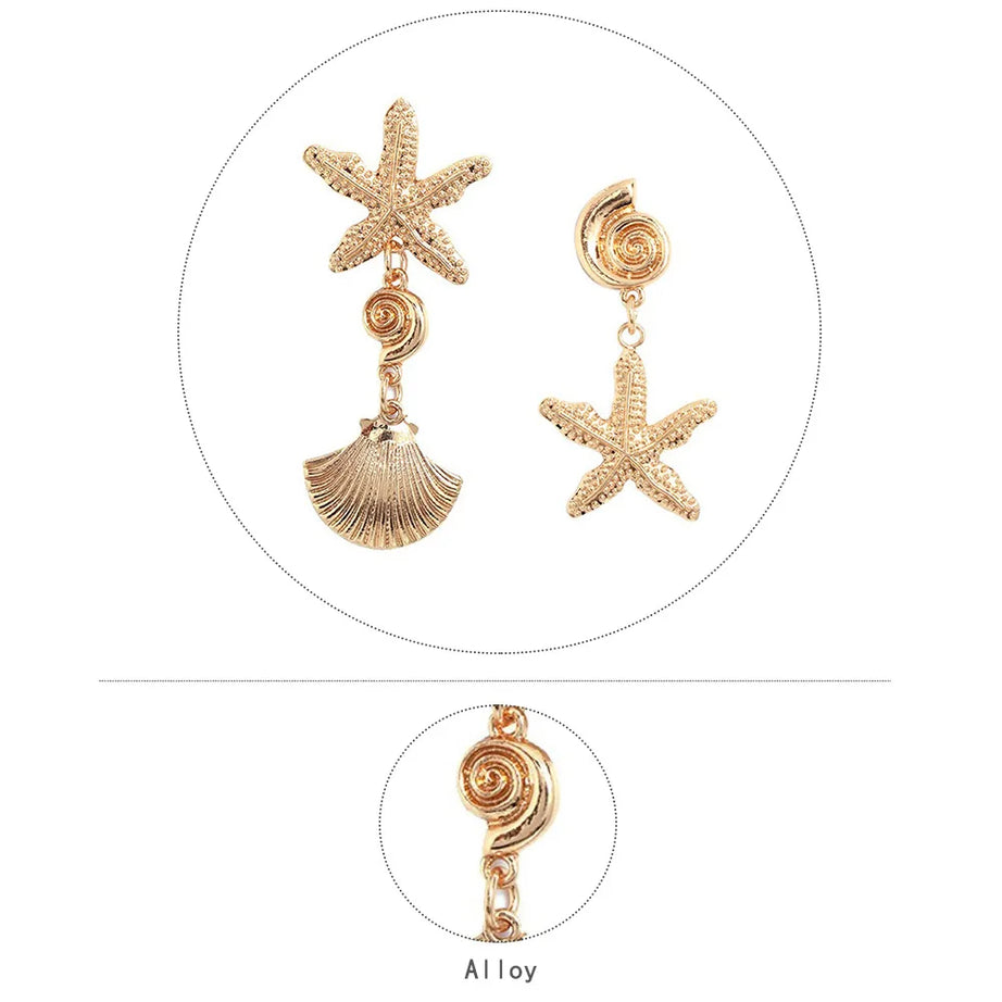 Asymmetric Starfish and Shell Metal Star Earrings