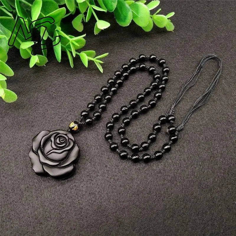 Natural Obsidian Cute Rose Flower Pendant Necklace Man Exquisito Jewellery Fashion Accessories Hand-Carved Luck Amulet Gifts